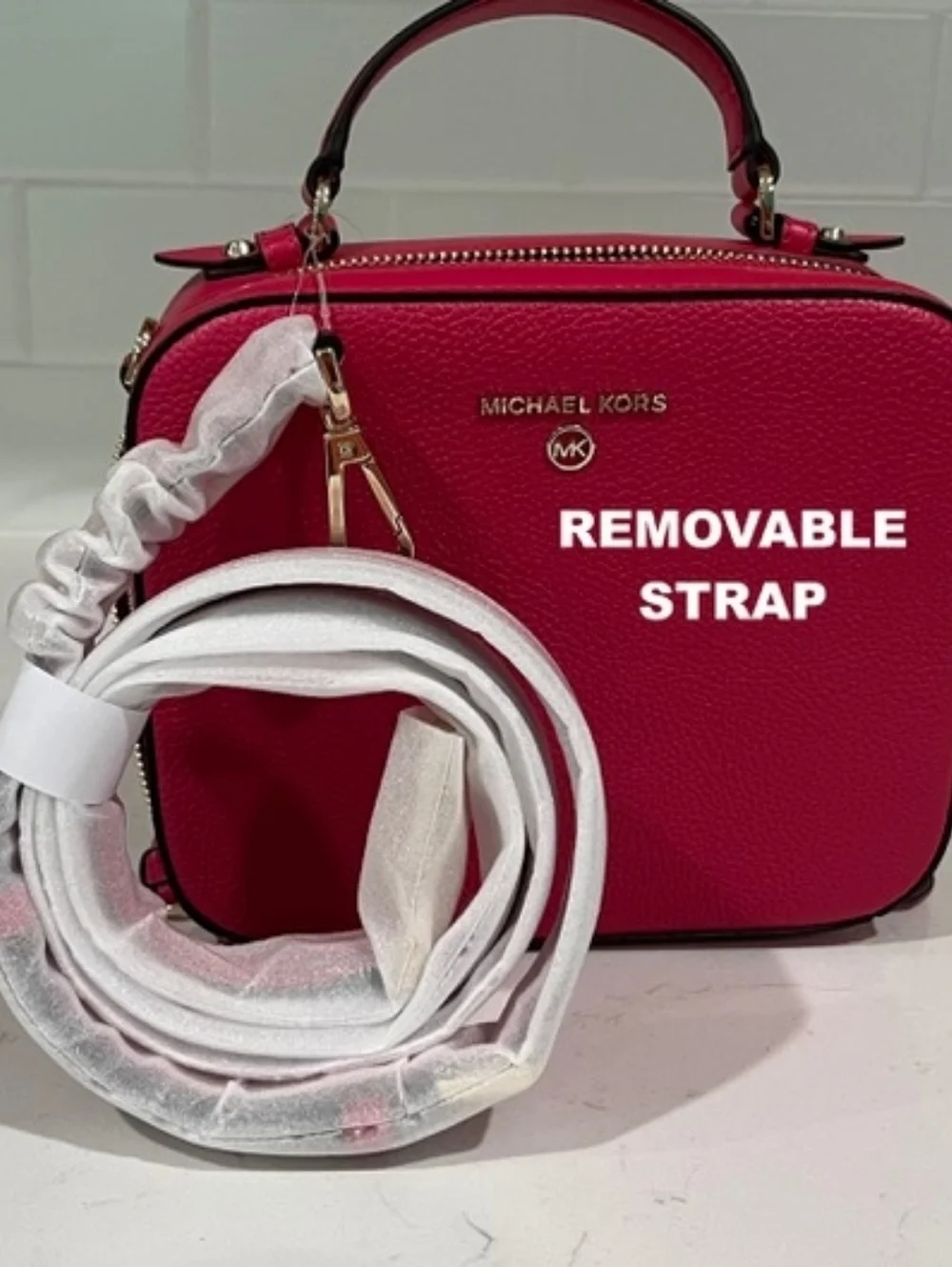 Michael Kors Jet Set Charm‎ Top Handled Bag W/Strap In Rubin Pebbled Leather NWT
